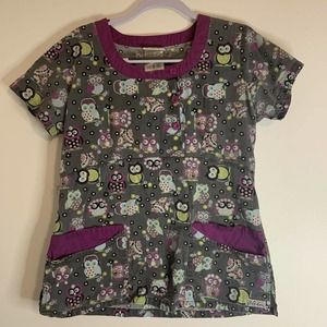 UA Scrubs Gray Owl Button Neck Scrub Top Medical Uniform Medium